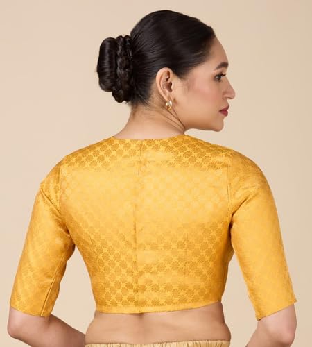 Image of Studio Shringaar Women Brocade Silky Jewel Neck Readymade Elbow Length Sleeve Saree Blouse