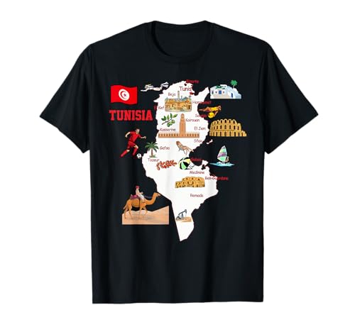 mapa turístico de Túnez, las principales ciudades, bandera, símbolos Camiseta