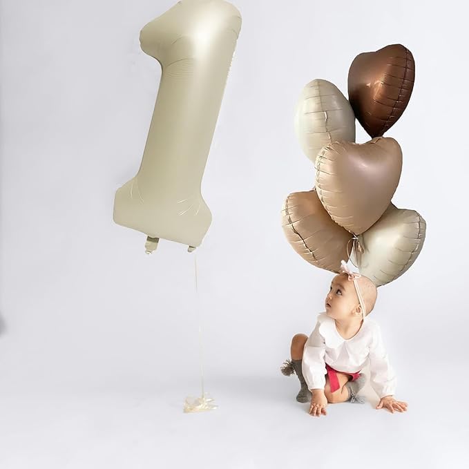 40 Inch Retro Cream Number 1 Foil Balloon with 5 Pcs Heart Balloons - Pastel Cream & Coffee Helium Mylar Bouquet for Kids 1st Birthday Decoration, Boho Theme Party Supplies (Pack of 8)-image-48