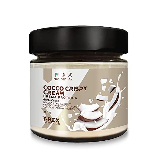 Crema de coco crujiente 250g con 21% de proteína de suero, sin aceite de palma, sin azúcares añadidos - T-Rex Integratori (Coconut Crispy)