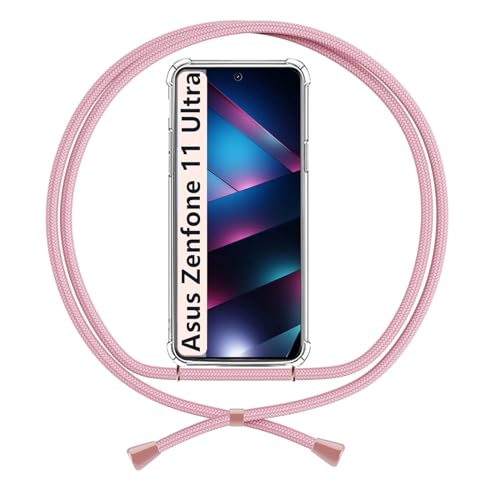 Cover Cordino Compatibile con Asus Zenfone 11 Ultra Custodia Trasparente Morbido Regolabile Antiurto Collana Chiaro Case rosa silicone tpu