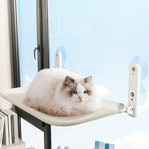 SIGZLXJHOAP Cordless Cat Window Perch - Comfy Cat Hammock with 4 Suction Cups for Cats, Easy Install, Sturdy and Wide, Foldable Cat Beds for Indoor (Beige, Medium)