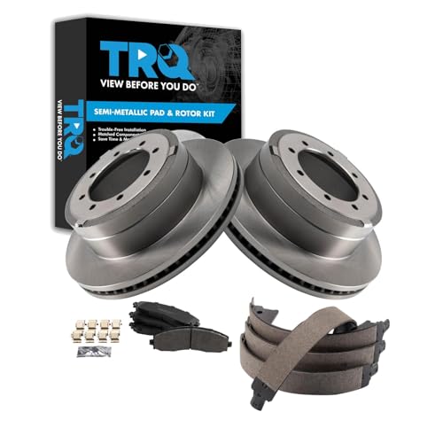 Image of TRQ Rear Brake Pad & Rotor Kit Parking Brake Shoe Set Semi-Metallic Compatible with 2013-2019 Ford F-350 Super Duty 2013-2014 F-450 Super Duty