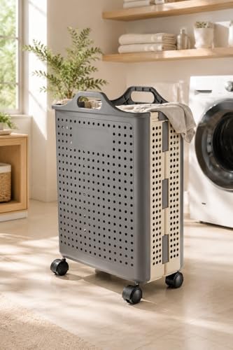 Image of Dillard's Foldable Laundry Hamper with Wheels, Plastic, Grey, Large, 30L, Modern Style, Rectangular