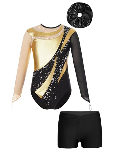 Xnihocha Mädchen Gymnastikanzug für Kinder Langarm Turnanzug Ballettanzug mit kurzer Hose Haarband 3-teiliger Tanz Outfits Gold & Schwarz 146-152