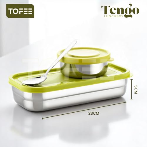 Image of TOFEE Big Stainless Steel Lunch Box for Office & School | Leak-Proof Tiffin with Small Container & Spoon | BPA-Free Airtight Lid | Compact & Durable Lunch Box for Travel (900ml) (Yellow Combo)