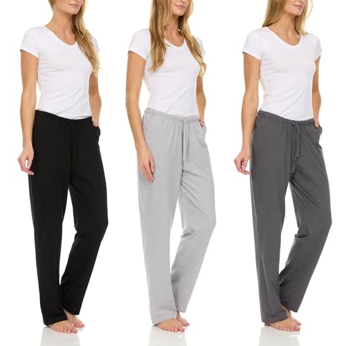 Essential Elements 3 Pack: Womens Cotton Jersey Pants - 100% Cotton Lounge Athletic Casual Sleep Casual Pajama PJ Pants