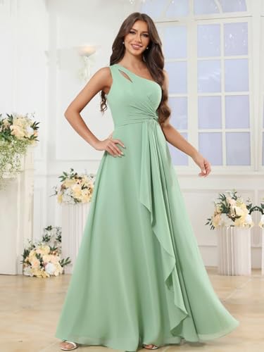 BANTRATIC One Shoulder Bridesmaid Dress Chiffon Ruffle Slit Maxi Wedding Guest Ruched Empire Waist Flowy Formal Evening Gown4