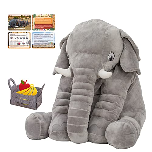 Brinjoy Giant Elephant Stuffed Animal Set, 33” Large Elephant Plush Toy With 10 Felt Fruits & 1 Fruit Basket, Big Soft Elephant Doll For Kids Toddlers Party Decoration, Gift For Girls Boys Ages 3+ #TOP19