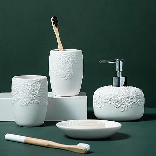 Elegante juego de dispensador de jabón de cerámica blanca, accesorios de baño con soporte para cepillo de dientes, jabonera y taza, perfecto para apartamentos y hoteles, decoración elegante del hogar