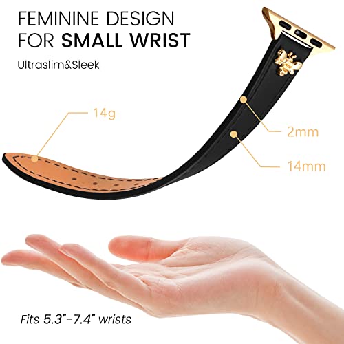 Jr.dm Elegant Slim Leather-Bands Compatible With Apple Watch Band 38Mm 40Mm 41Mm 42Mm 44Mm 45Mm 49Mm, Designer Top Grain Black Leather Watch Band With Charms, Feminine Design For Ultra Se & Series 8 7 6 5 4 3 2 1 (Black Band | Gold Clasp) #TOP2