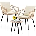 3 Piece Outdoor Patio Bistro Set, Wicker Table and Chairs Set of 2, All-Weather Rattan Balcony Furniture Set for Patio Front Porch Apartment, Natural/Beige