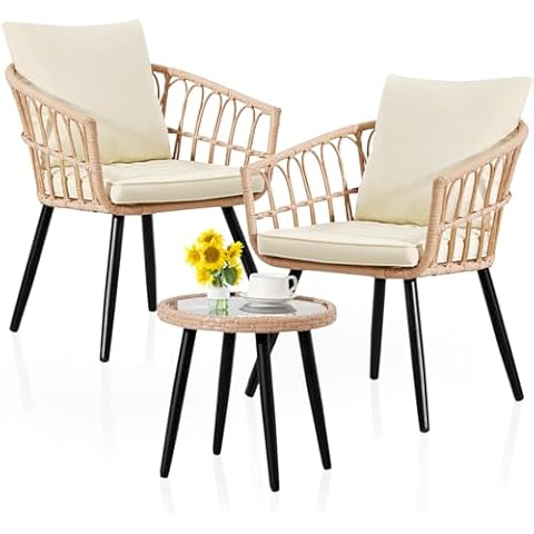 3 Piece Outdoor Patio Bistro Set, Wicker Table and Chairs Set of 2, All-Weather Rattan Balcony Furniture Set for Patio Front Porch Apartment, Natural/Beige Cover