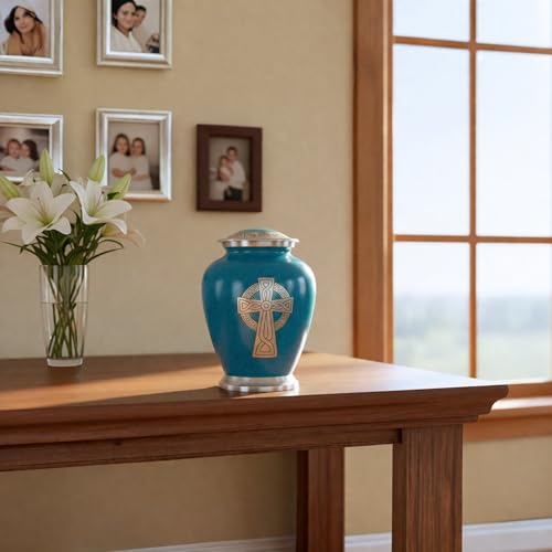 Image of Celtic Cross Engraved Cremation Urn for Human Ashes - Large Aluminum Funeral Urn for Adults (200 Cu in) - Handmade Memorial Urn with Velvet Bag - Durable Granite Finish Tribute Keepsake Urn