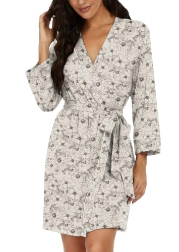 Image of PrinStory Womens Robe Knee Length Soft Knit Bathrobe S-2XL | V-Neck 3 /4 Sleeve Robes with Pockets, Lightweight, Breathable Bath Robe for Shower, Spa, Travel, Home, Party, Nursing