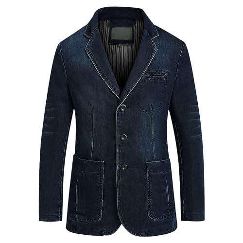 Men's Casual Denim Suit Jacket Classic Notched Collar 3 Button Jean Coat Vintage Skinny Pocket Blazer Outwear