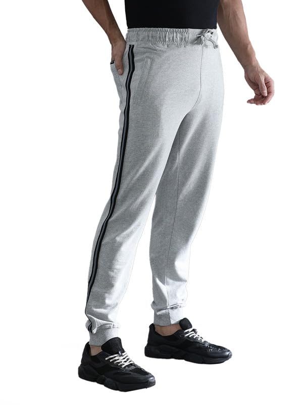 Image of CROCODILE Men Solid French Terry Joggers | Classic Fit | Mid Rise | Drawstring Closure | Ankle Length | Casual Wear Navy Melange