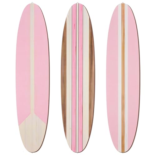Gerrii 3 Pieces Surfboard Wall Decor 23.6' x 5.4' Preppy Beach Room Decor Aesthetic Large Wooden Cute Beachy Tropical Wall Art for Surfer Bedroom Living Room Bathroom Decorations(Pink)