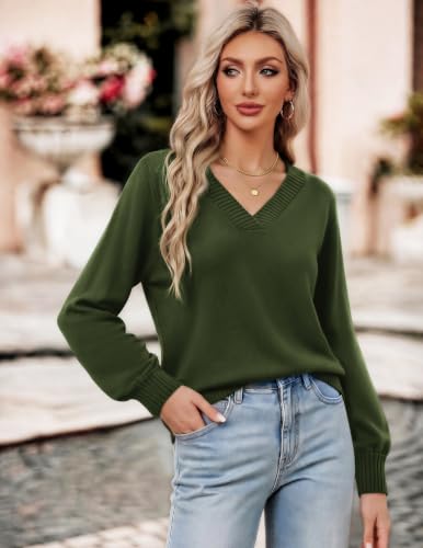 Zeagoo Womens Sweaters 2026 Fall V Neck Cropped Sweater Trendy Long Latern Sleeve Ribbed Knit Pullover Tops Army Green - image 3