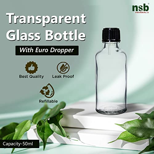 Image of nsb herbals 50 ML Clear /Transparent Round Empty Glass Bottle + Euro Dropper + Black Cap, Refillable, Leak Proof For Essential Oils, DIY Perfumes (Pack of 6)