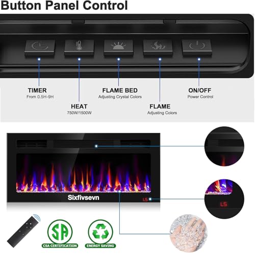 Image of 36 Inch Electric Fireplace Recessed and Wall Mounted, Fireplace Heater and Linear Fireplace, Ultra-Thin Electric Fireplace, Low Noise, with Timer, Remote Control, Adjustable 12 Flame Color, 750 /1500W