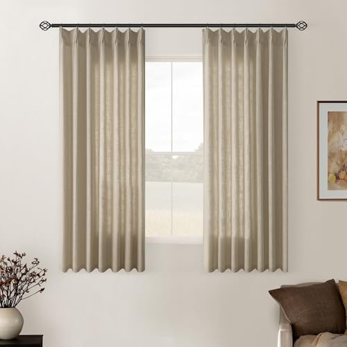 Image of Grey Beige Linen Kitchen Curtains 45 Inches Long 2 Sets Basement Curtains for Small Window Pinch Pleated Back Tab Linen Blend Short Cafe Boho Semi Sheer Back Tab Drapes for Bay Windows Bedroom 40x45