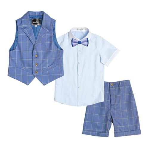 Image of LOLANTA Boys 4PCs Summer Suits, Short Suit Set for Wedding Ring Bearer Outfits Dress Clothes Vest Shirt Shorts Bow Tie
