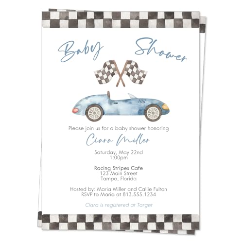 Race Car Baby Shower Invitation Baby Shower Racing Car Vintage Watercolor Racing Stripes Blue Automobile Printed Cards Customized Personalized Cards (12 Count)