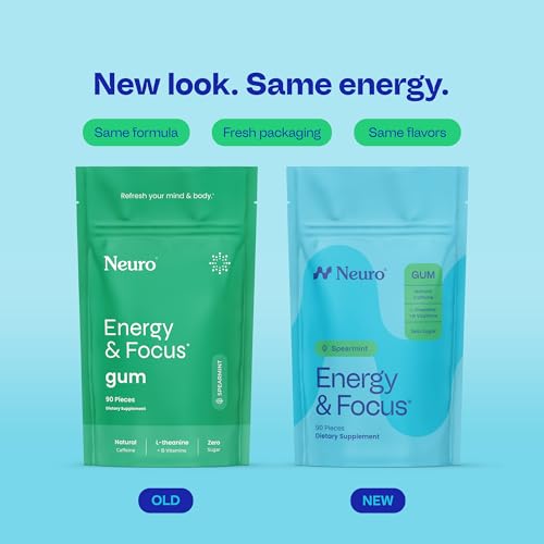 Image of Neuro Energy & Focus Gum - Caffeine Gum with 40mg Natural Caffeine & L-Theanine - Nootropic Energy Supplement with B Vitamins - Sugar Free, Vegan - Spearmint, 90ct