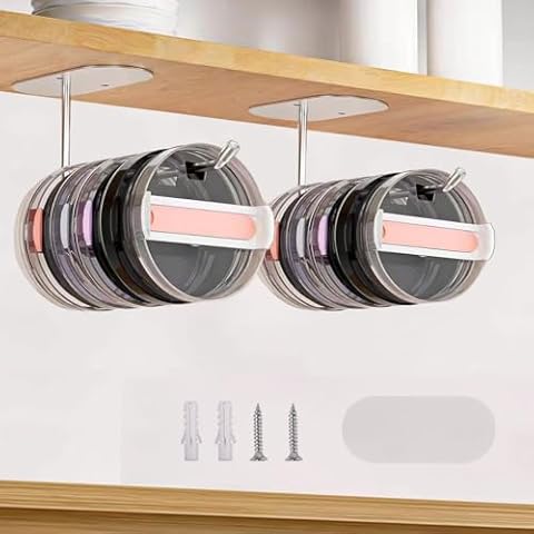 FT HITA 2 Pcs Horizontal Tumbler Lid Organizer, Holds Multiple Lids, Stainless Steel Tumbler Cup Lid Holder Under Cabinet, Wall-Mounted Cup Lid Organizer/Self-Adhesive Tumbler Lid Hanger…, Silver Cover