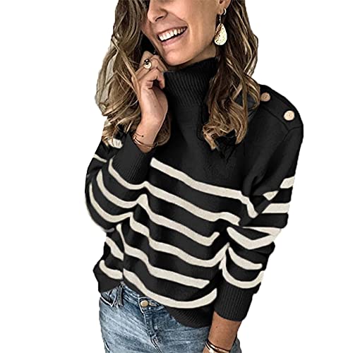 RWXXDSN SuéTer De Punto De Mujer De Moda De OtoñO E Invierno Jersey De Cuello Alto con Correa De Hombro SuéTer De Rayas Abotonado para Mujer
