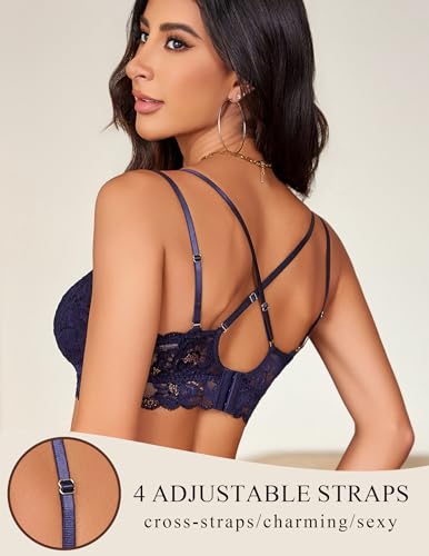 Image of Avidlove Bras for Women Floral Lace Bralettes Deep V Sexy Bras Cross Back Longline Bralette No Padded