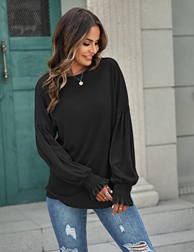 Merokeety Women's 2023 Causal Long Balloon Sleeve Shirts Tops Crewneck Smocked Cuffs Loose Blouse, Black, L #TOP1