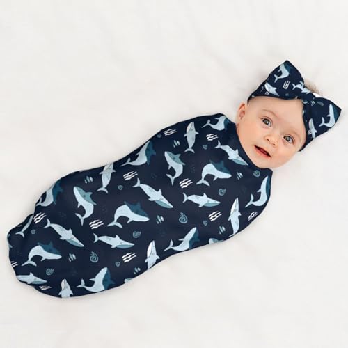 Image of Sharks Ocean Animal Baby Stuff Swaddle Blanket Wrap Baby Newborn Blanket Soft Stretchy with Headband Hat Set Gift for Infant Boy Girl