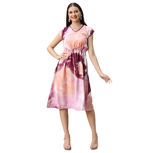Image of Leriya Fashion Women's Tai-Dye Printed Mesh Rayon Lycra High V-Collar Neck Long Kurti Dresses for Women, A-Line Knee-Length Dress, Midi Western Dress for Women, Short Dress