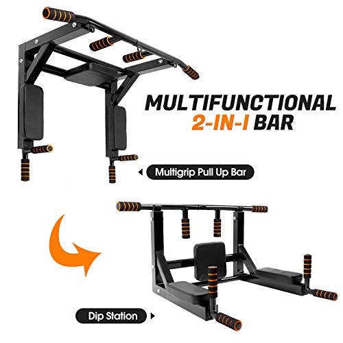Odoland Wall Mounted Pull Up Bar and Dip Station, Chin Up Bar Dip Stands Compact Power Tower Set for Indoor Home Gym Workout, Multifunctional Fitness Training Equipment Supports to 440 Lbs