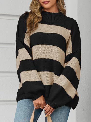 Saodimallsu Womens Oversized Striped Sweater Mock Neck Chunky Knit Lantern Long Sleeve Fall Trendy Tunic Sweaters Top4