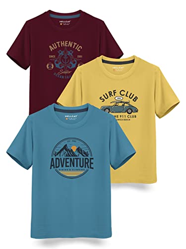 Image of HELLCAT Boys Round Neck Printed Blended Cotton Tshirt -Combo Pack of 2 - Orange /Blue