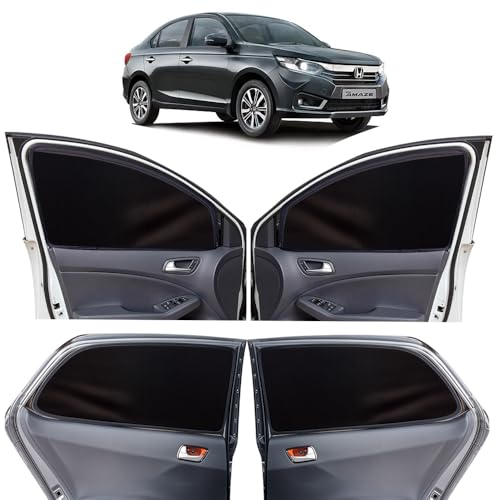 Image of OTO2EYE Car Sun Shade Compatible for Honda Amaze Model 2021 to 2022, Z-Black Super Magnetic Grip, Front Window Zipper, Side Window Curtains, 4 Pieces Set
