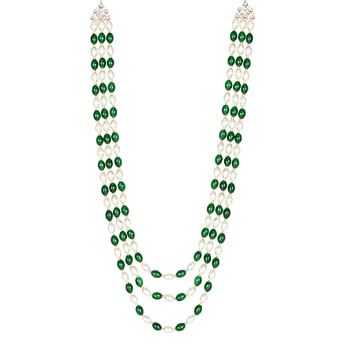 Image of I Jewels 3 Layered Traditional Gold Plated Dulha Green Moti Mala with Beaded Maharaja Haar /Groom Necklace For Men(MLP46)