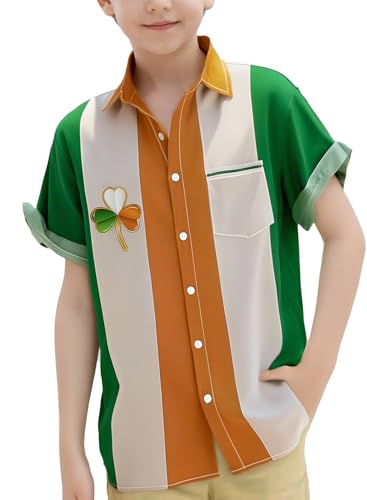QIVICIMA Boys St Patricks Day Shirts Short Sleeve Clover Button Down Shirts Green Shamrock Casual Shirts