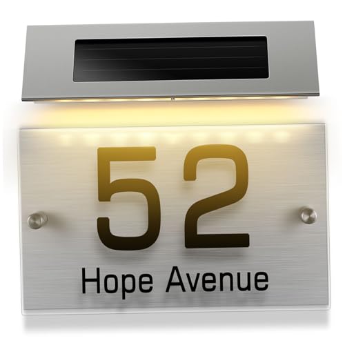 HONITANO Lampada Solare per Numero Civico Esterno a Due Colori Luce da Parete con Pannello Acrilico per Indicatore Indirizzo Giardino e Casa Completo per Segnaletica Notturna Autocontenuta