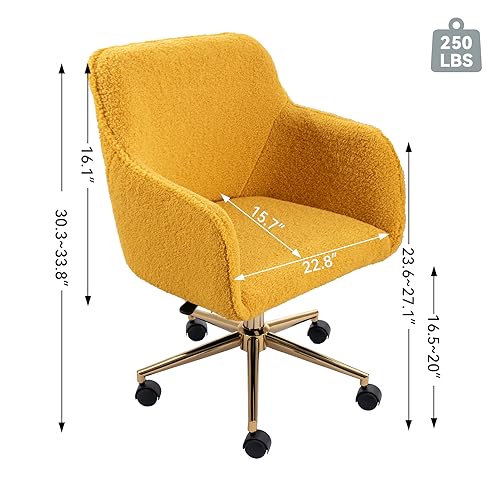 Image of FOXHUNTER Vanity Chair with Wheels 360 Swivel, Teddy, Yellow | Home office desk chairs,adjustable height accent chair for living room,bedroom