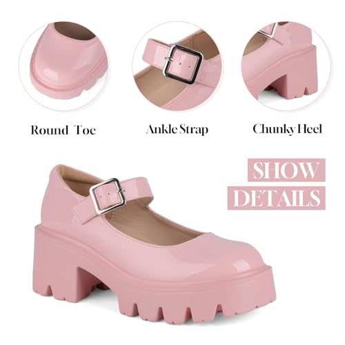 Image of AOSPHIRAYLIAN Mary Janes Platform Mary Janes for Women Round Toe Dress Shoes for Women Ankle Strap Chunky Heel Uniform Women's Pumps