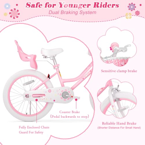 Image of Glaf Toddler Girls Bike for Age 2-12 Years Old | 12 14 16 20 Inch Kids Bike Girls Bicycle with Training Wheels,Basket,Doll Seat,Princess Style Kids Bicycle Gift