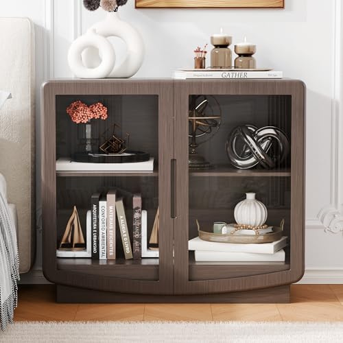Trygoal 35' Walnut 2 Glass Door Sideboard Credenza, Modern Storage Buffet with...