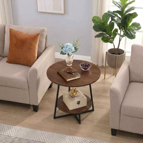 Image of Al Hama Rustic Farmhouse End Table Modern 2 Tier Sofa Side Bedside Table, Metal Frame Nightstand, Multipurpose Living Room Bedroom Coffee Table Black Brown