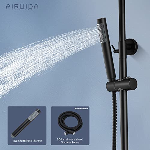 Airuida Matte Black Outdoor Shower Fixture, Wall Mount Triple Functions Combo Set, Sus304 Shower Faucet Set With Stainless Steel Handheld Spray 8 Inch Rainfall Showerhead And Tub Spout #TOP3