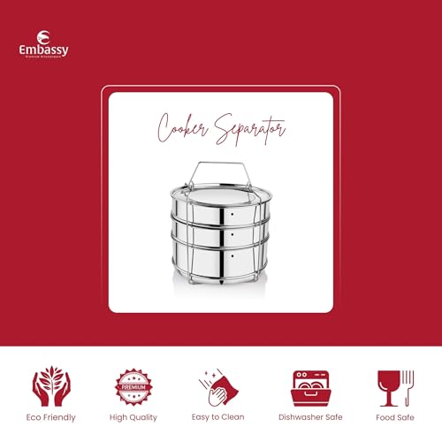 Image of Embassy Stainless Steel Cooker Separator | Suitable for 10 litres Pigeon Outer Lid Pressure Cookers | 3 Containers with Lifter | Dimension - 15x15x21 cm