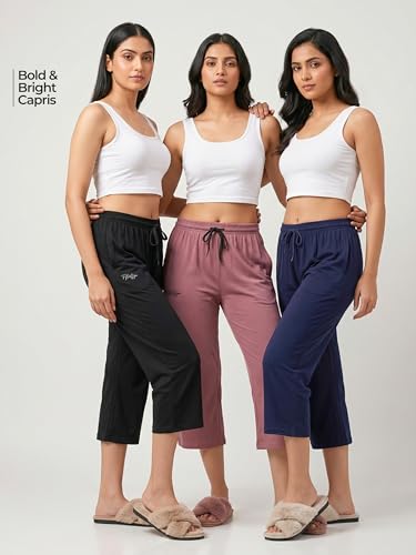 Image of Fflirtygo Women's Cotton Plain Calf Length Capri | Nightwear Pajama | 3 /4th Solid Pyjama Pant | Black Navy and Lavender Lounge Pants | Casual wear & Lounge Wear Capri Combo (Pack of 3)